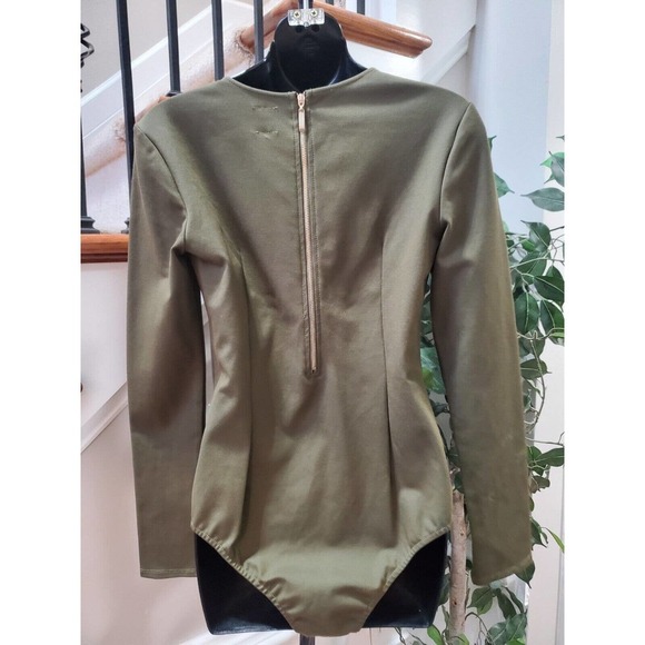 Nude Women's Green Cotton Lace Up Plunge V Neck Back Zipper Bodysuit Size Large - Picture 5 of 11